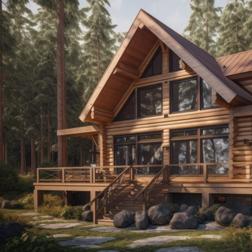 Cabin exteror house design in daytime golden hour generative ai