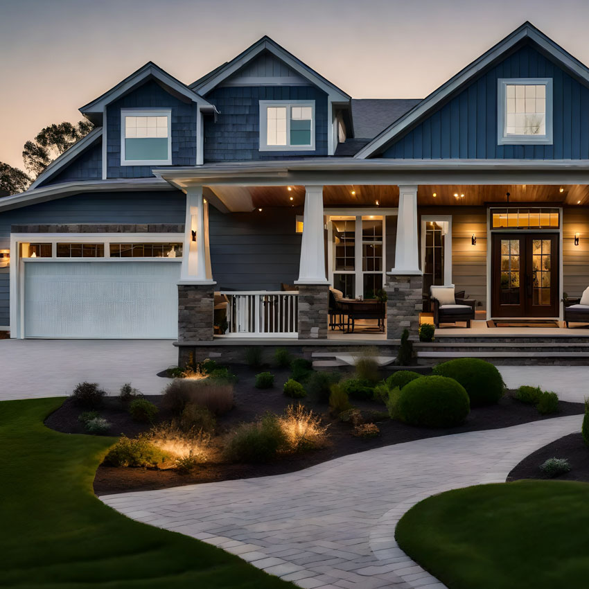 Beautiful modern farmhouse style luxury home exterior at twiligh