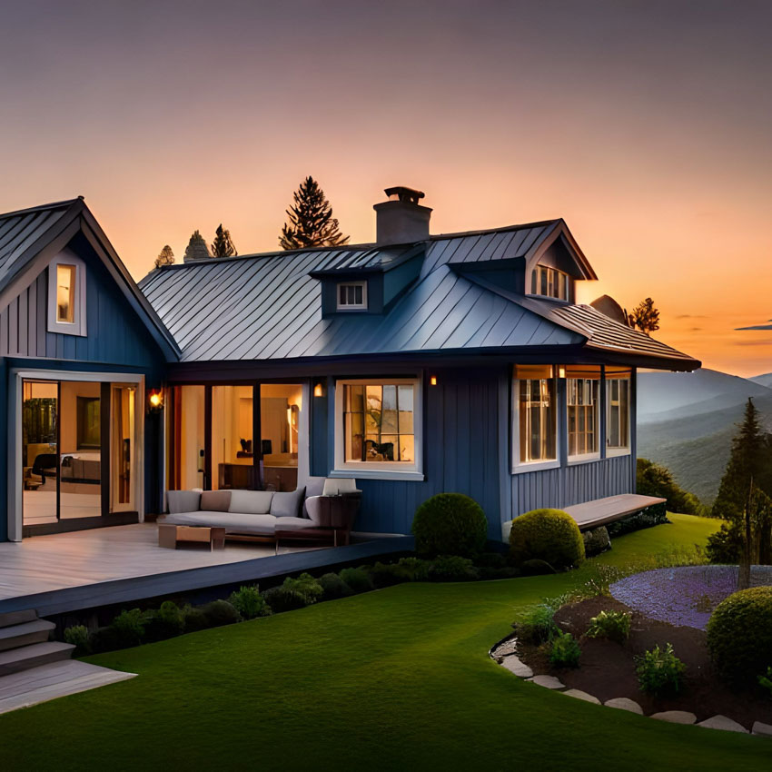 Exterior Modern Farmhouse at Dusk with Pink and Blue Sky.