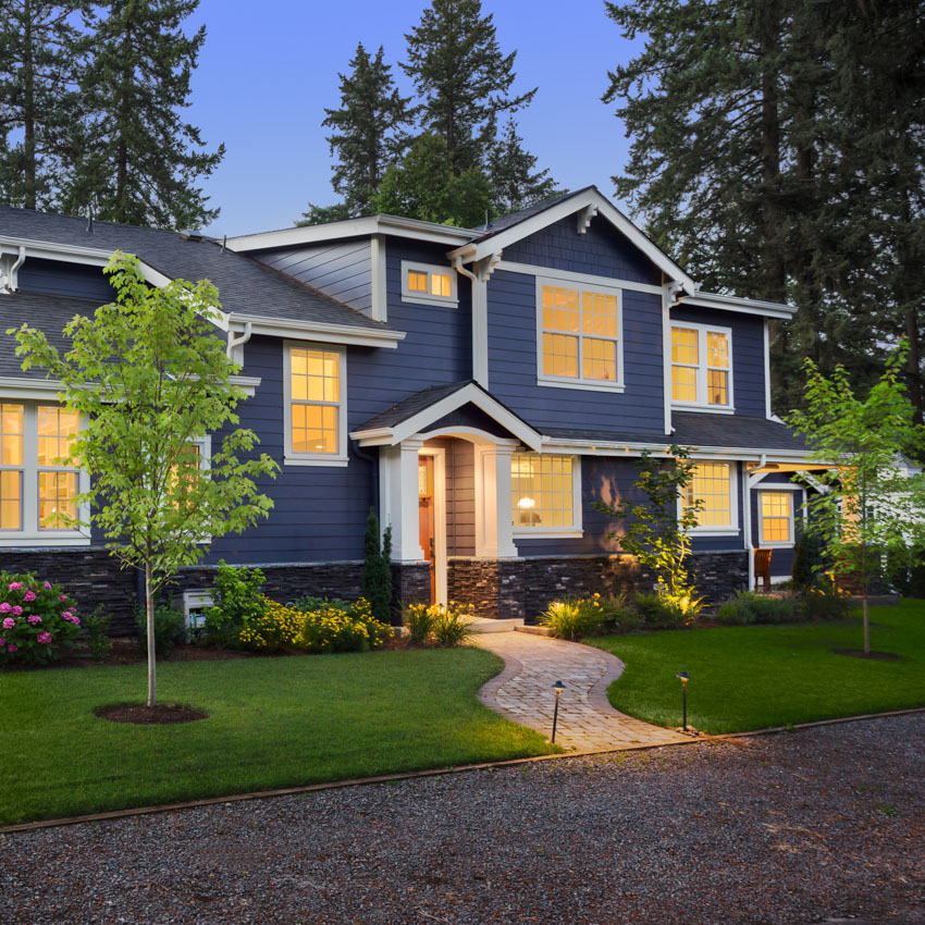 Beautiful Home Exterior at Twilight: New House with Beautiful Ya