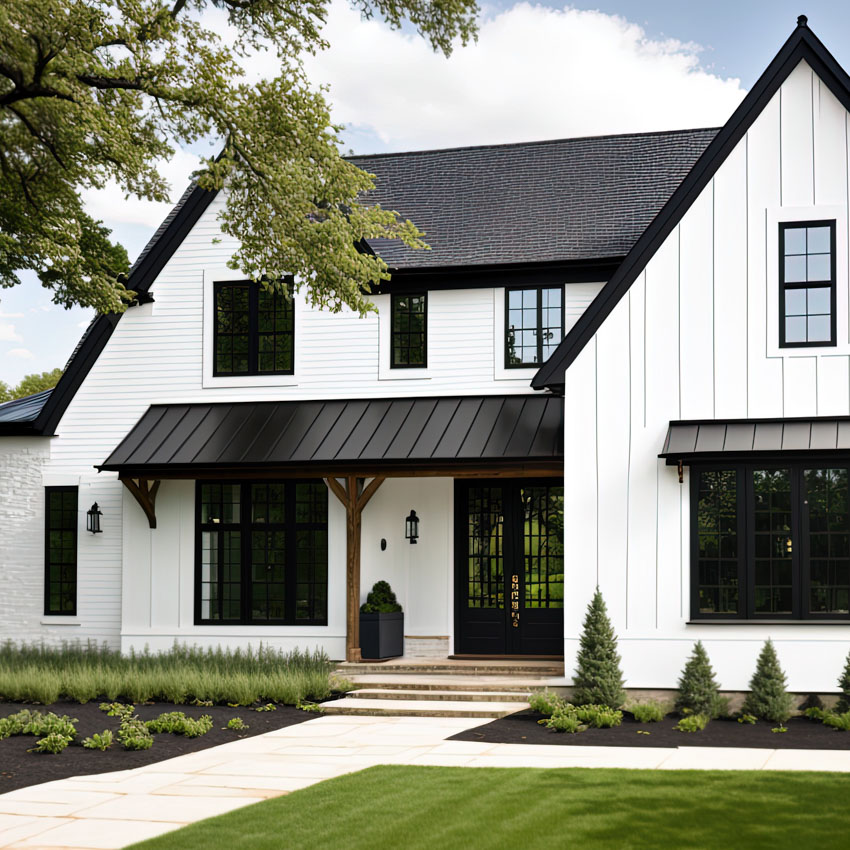 A brand new, white contemporary farmhouse with a dark shingled roof and black windows is seen in OAK PARK, IL, USA, on August 17, 2020. A rock siding lines the left side of the home. Generative AI